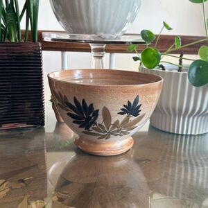 Vintage French Clay Cafe au Lait Bowl, Large Hand Painted Blue Floral Pottery